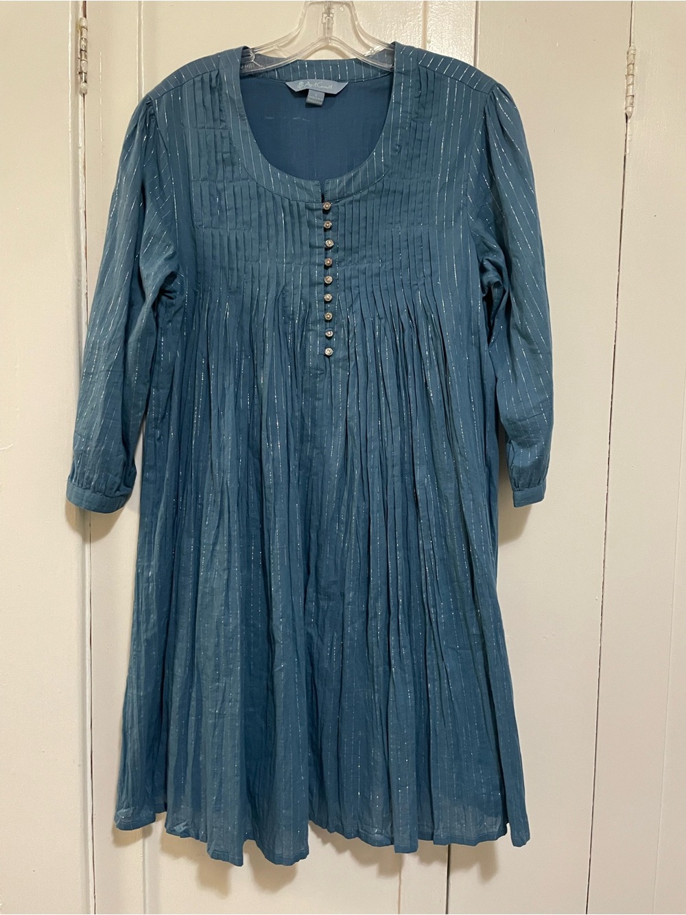 April Cornell Teal Blue pleated Dress with Subtle Metallic Pinstripes size small